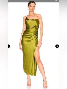 The Sei Satin Olive Midi Dress with Side Slit